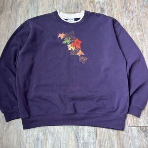 Vintage Sweatshirt Grannycore Large Purple Leaves White Pleasant Shade 90s Cozy